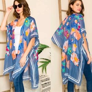 Blue floral metallic Sheer Kimono duster scarf wrap beach coverup fringe edge OS